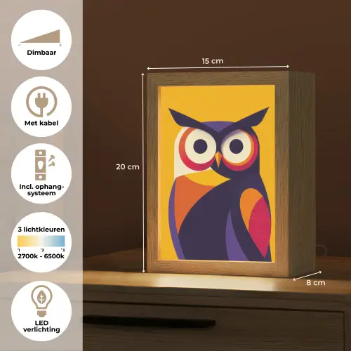 Uil - Grafisch - Kleurrijk - Ogen Light Box met kabel (Tafellamp) klein -USP_NL