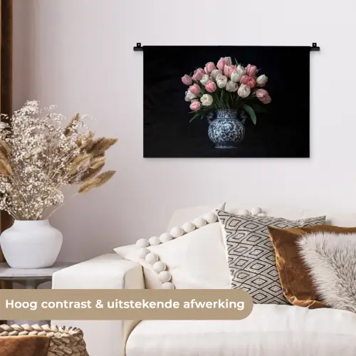 Bloemen - Roze - Tulpen - Vaas Wandkleed katoen klein -sfeer1