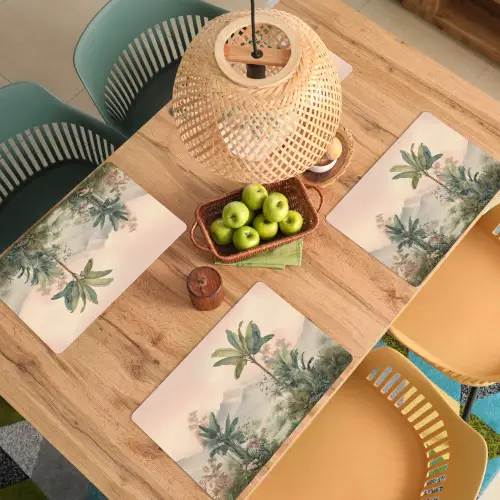 Tropisch landschap - palmbomen - Bloemen - Roze lucht Placemat vinyl groot -zzsfeer5_Kitchenyeah-website