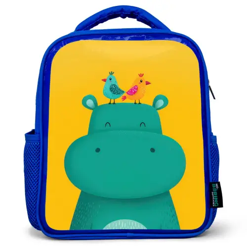 Nijlpaard - Vogels - Groen - Geel Kinderrugzak - Blauw middel -3d