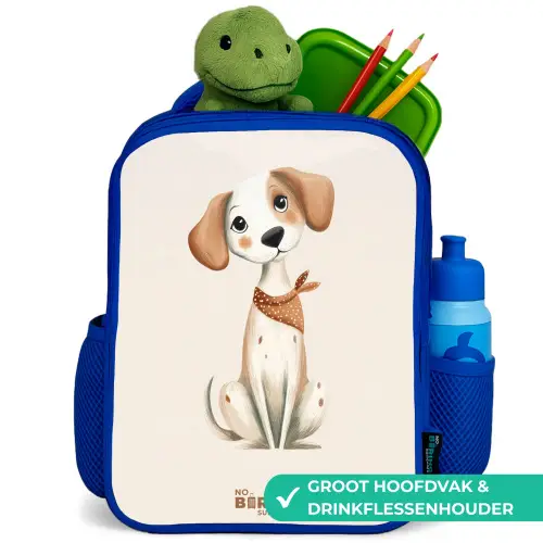 Bruin gevlekte pup op een beige achtergrond Kinderrugzak - Blauw middel -inhoud_NL