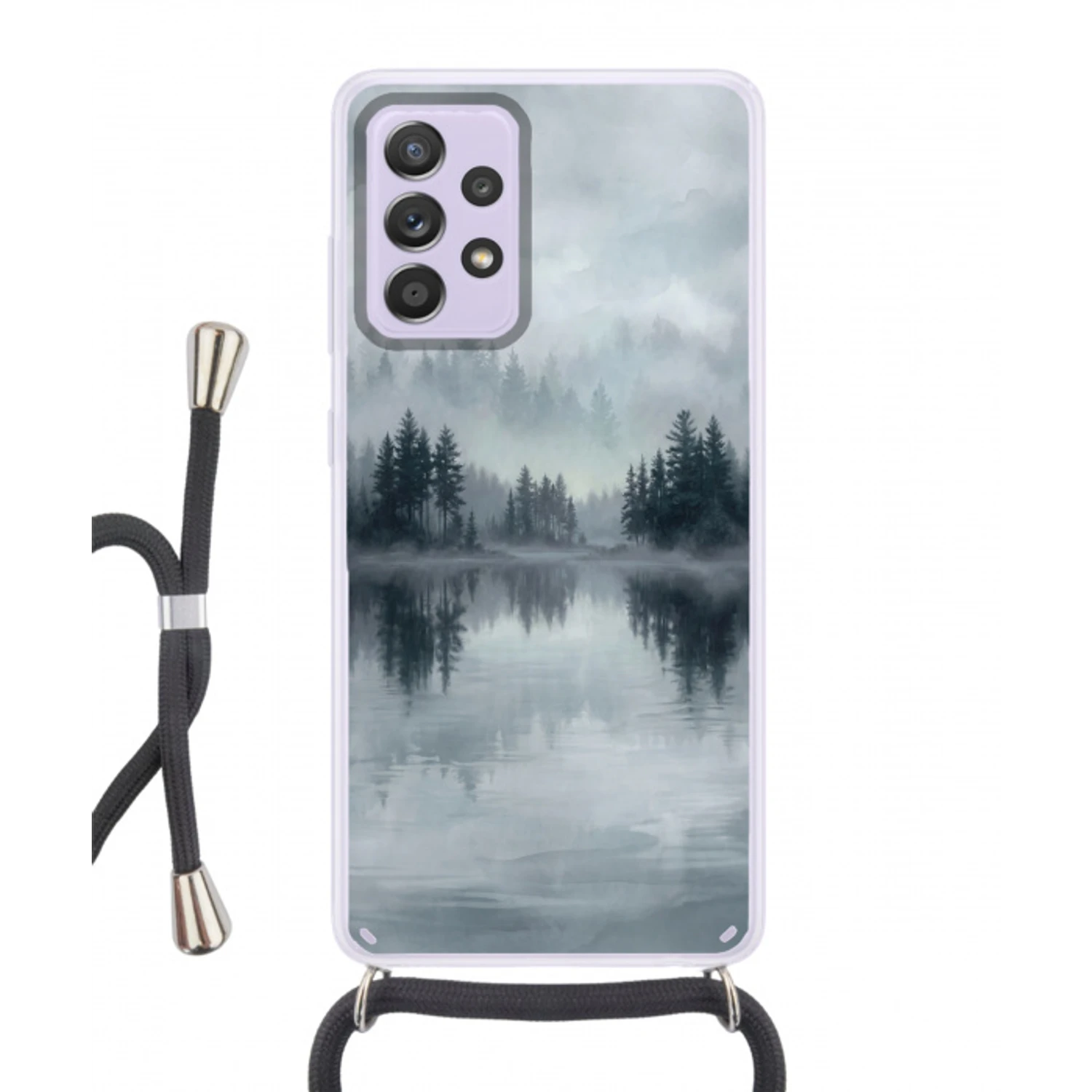 Bos - Meer - Mist - Natuur - Grijs Hoesje Samsung Galaxy A52 5G met koord klein -3d