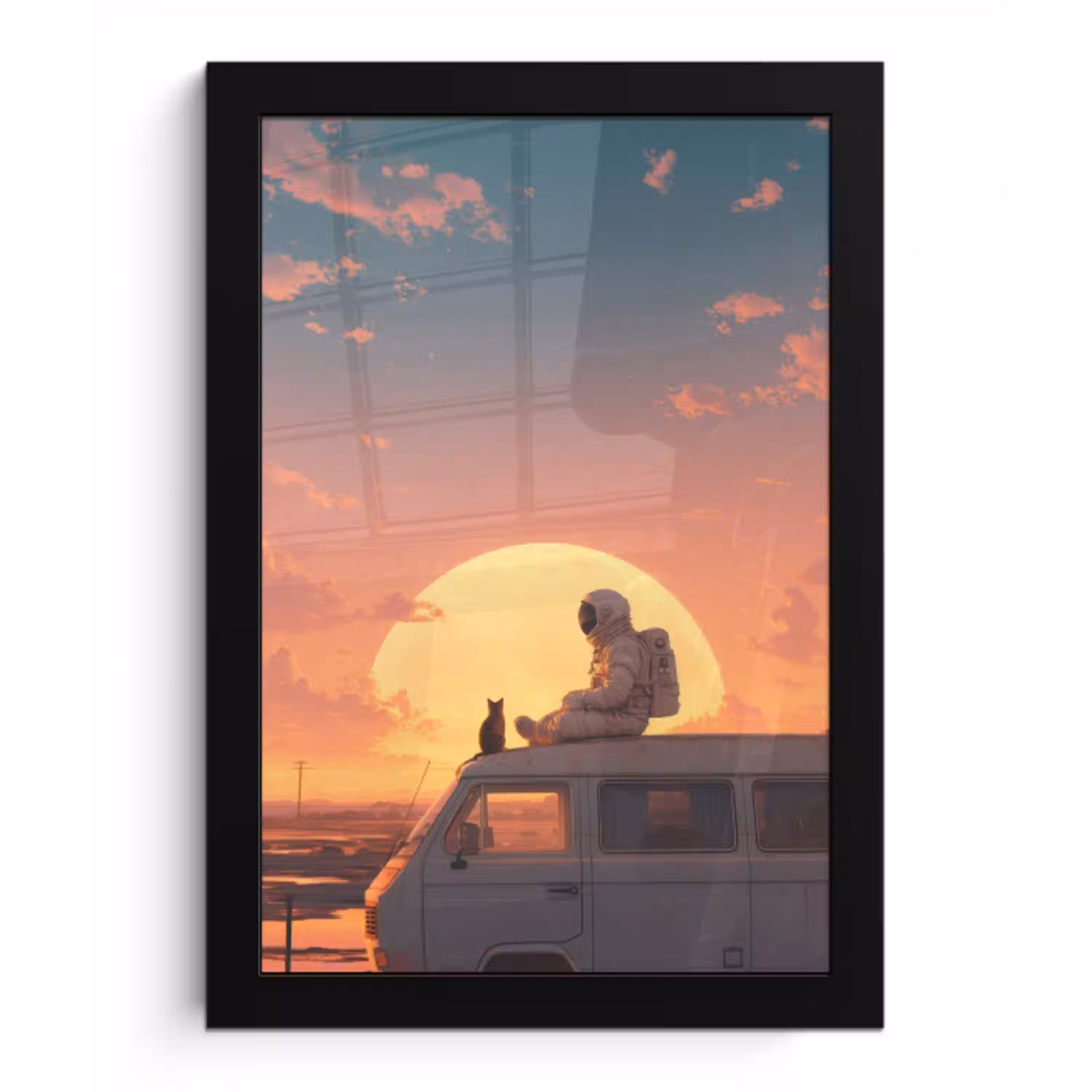 Busje - Kat - Zonsondergang - Oranje fotolijst zwart zonder passe partout klein -3d