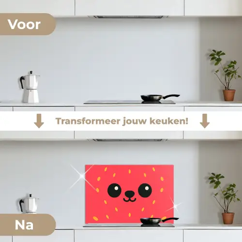 Kat - Aardbei - Cartoon keuken achterwand spatscherm klein -voor_na_NL