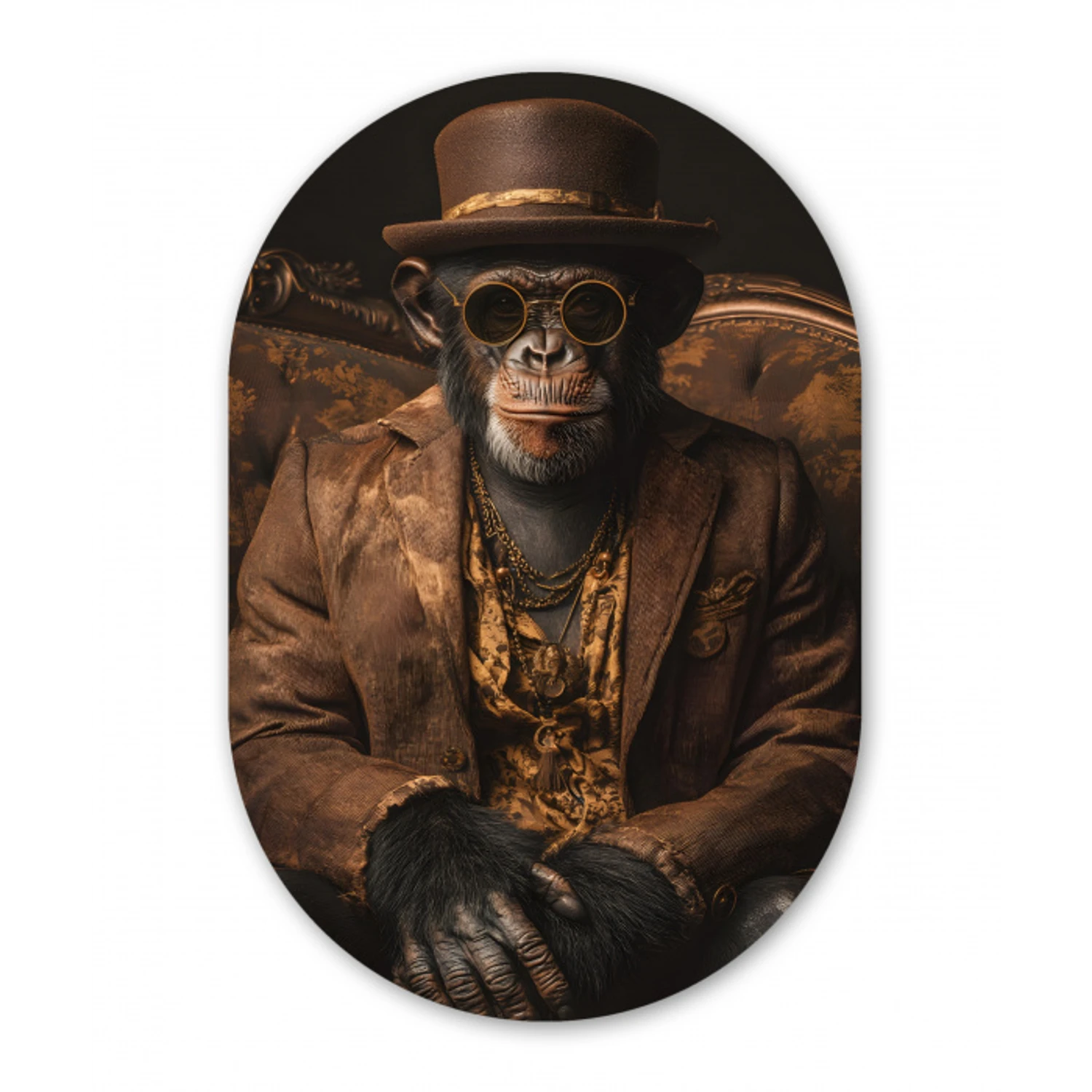 Chimpansee - Stoel - Pak - Bruin Wandcirkel Ovaal Glas middel -3d