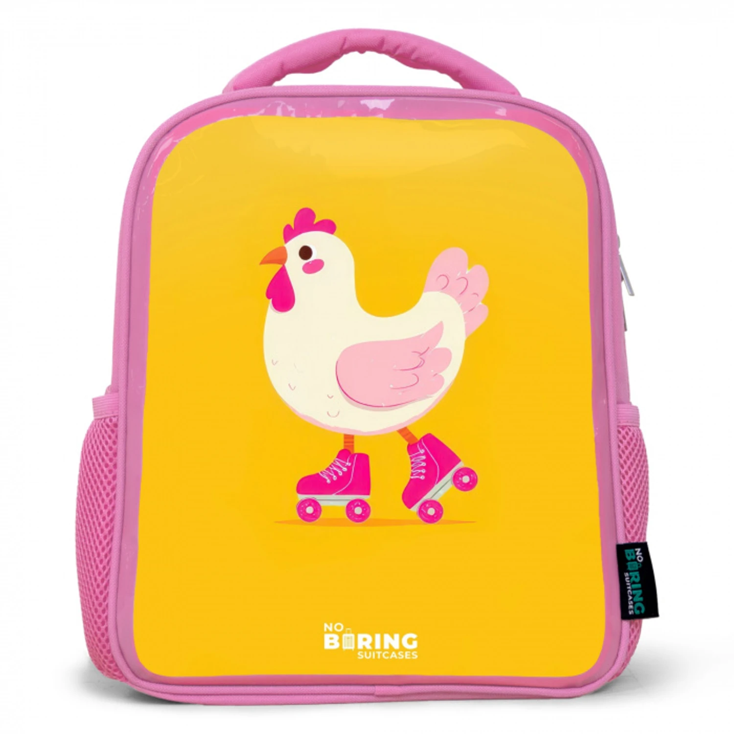 Kip - Rolschaatsen - Geel Kinderrugzak - Roze middel -3d
