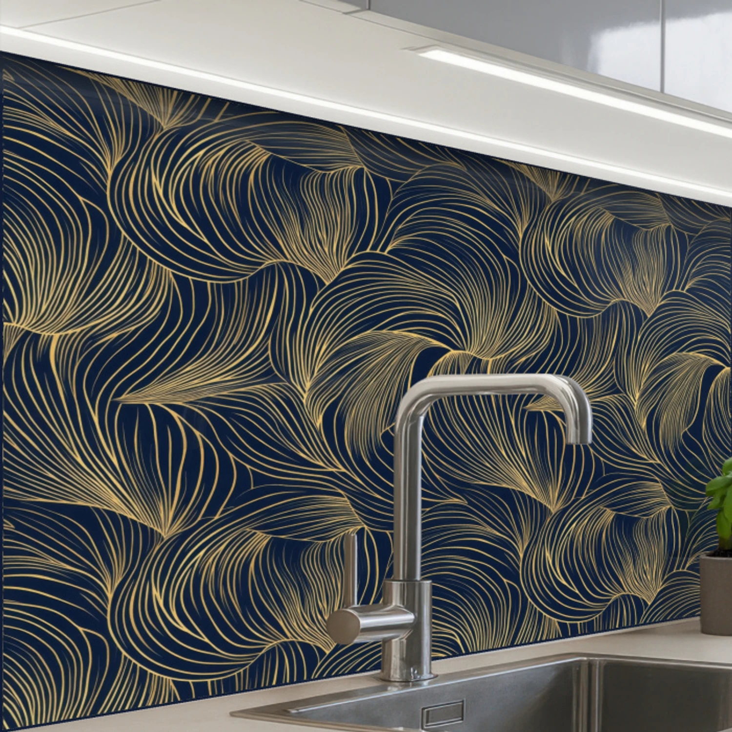 Abstract - Lijnen - Blauw - Goud keuken achterwand 2 middel 865 -zzzz3d_schuin