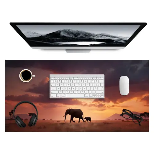Olifanten - Grasland - Zonsondergang Muismat XXL klein -3d