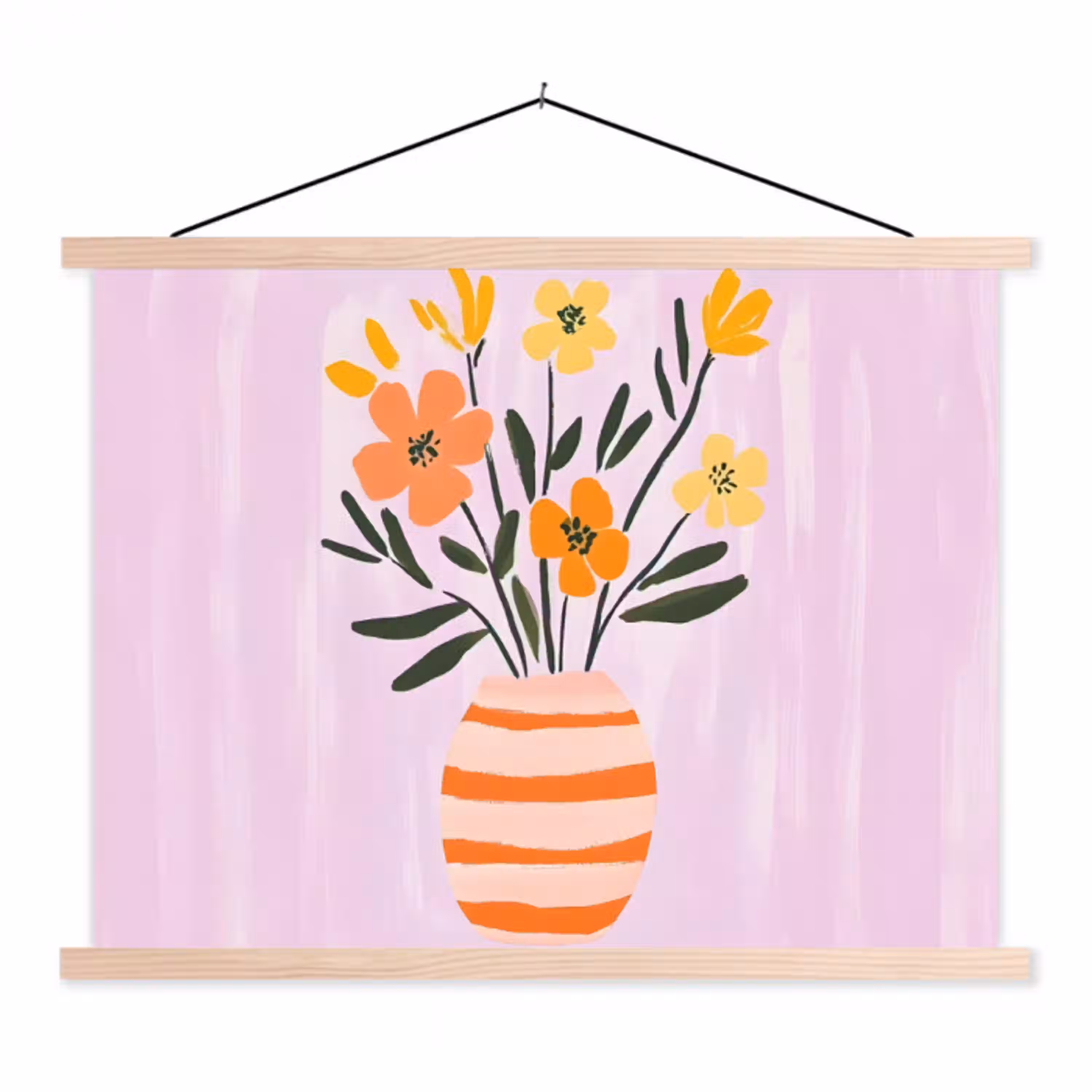 Vaas - Gestreept - Bloemen - Oranje textielposter latten blank klein -3d