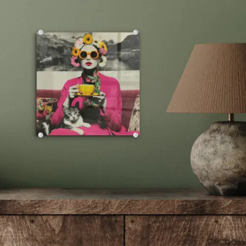 Vrouw - Kat - Bloemen - Kopje - Retro plexiglas 5mm klein -sfeer3