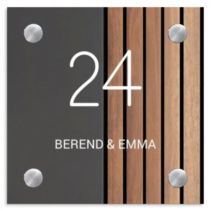 Hout en antraciet - Klassiek Naambord Vierkant klein -3d