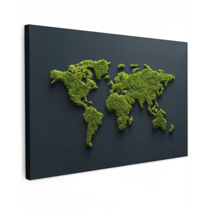 Wereldkaart - Mos -Levendig effect Tuinposter op houten frame 2 cm dik klein -3d
