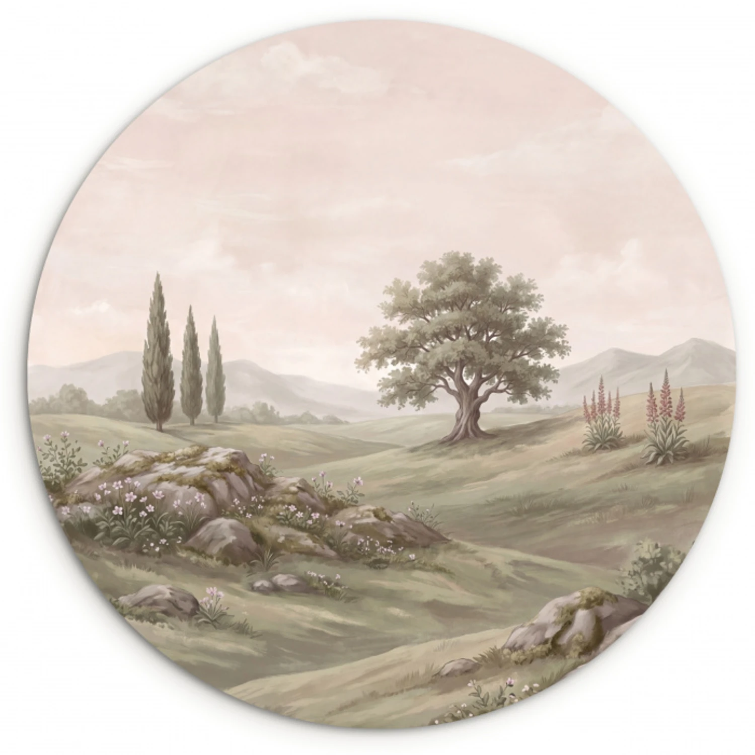 Heuvellandschap - Bomen - Natuur - Groen Wandcirkel kunststof plaat 5mm dik klein -3d