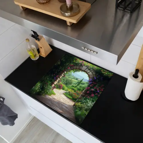 Doorkijk - Landschap - Bloemen - Pad - Uitzicht Inductie beschemer met haakjes middel -sfeer1