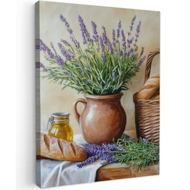 Canvas schilderij - Lavendel - Brood - Stilleven
