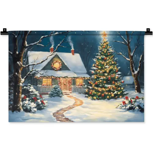 Kerst - Kerstboom - Winter - Huis - Sneeuw Wandkleed katoen klein -zz3d