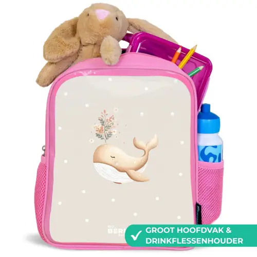 Beige walvis in bloemenzee Kinderrugzak - Roze middel -inhoud_NL