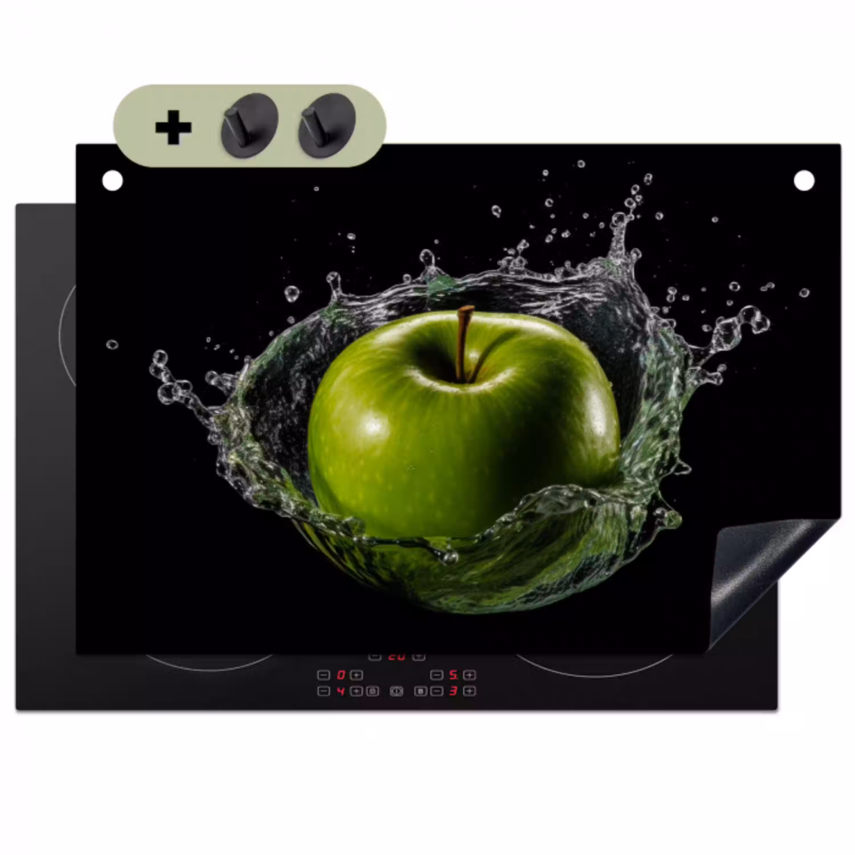 Appel - Groen - Fruit - Water - Zwart Inductie beschemer met haakjes klein -3d
