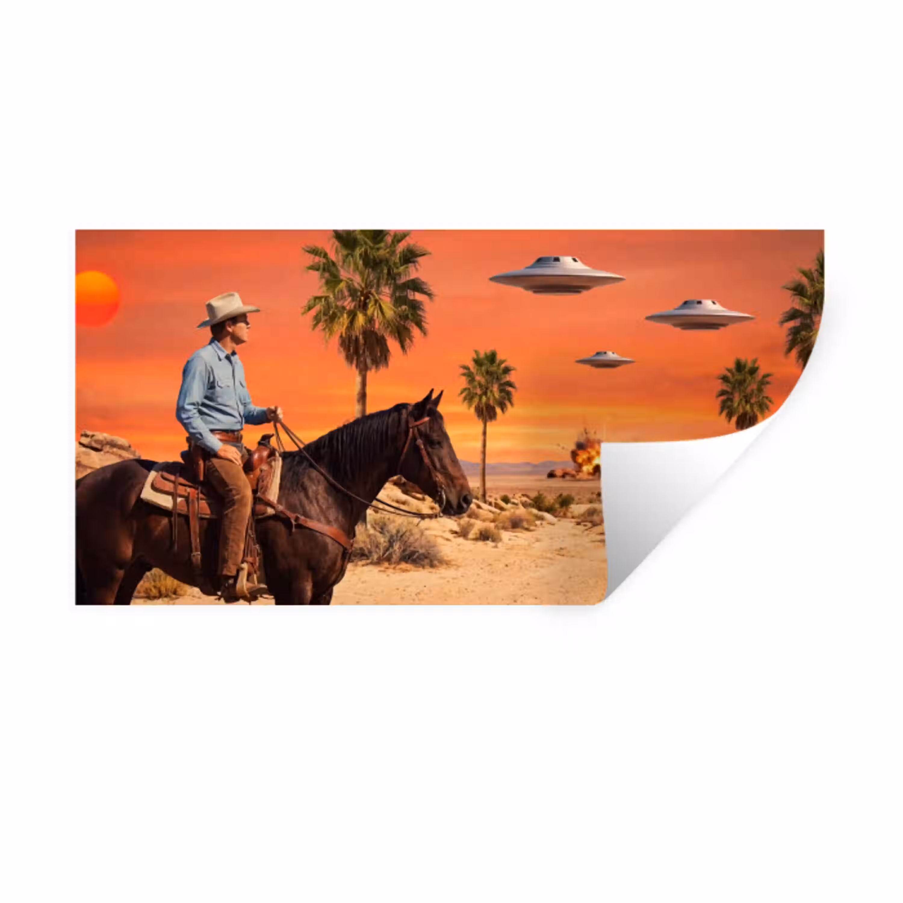 Cowboy - Paard - Woestijn Muursticker klein -3d