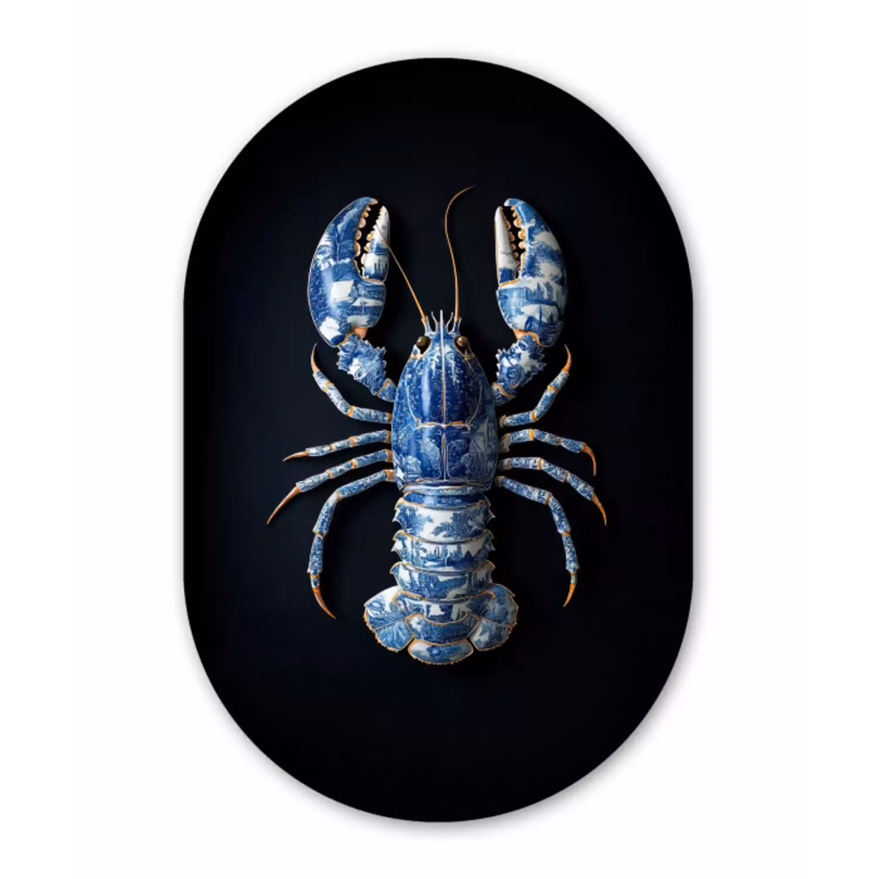 Kreeft - Delftsblauw - Schild - Stoer Wandcirkel Ovaal Glas middel -3d
