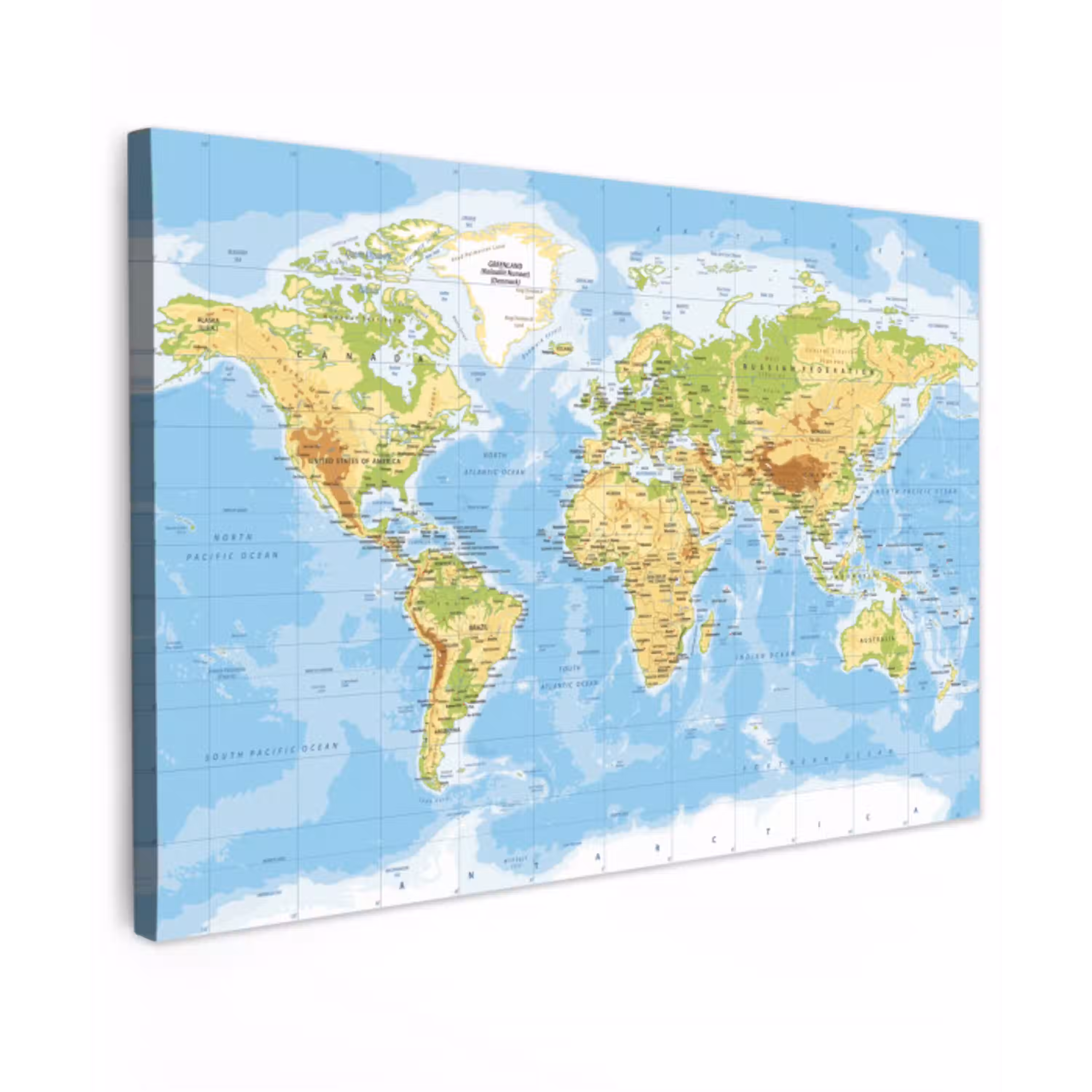 Wereldkaart - Staatkundig - Blauw - Aarde - Educatief canvas 2cm klein -z3d