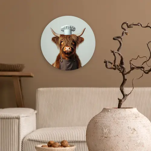 Schotse Hooglander - Bruin - Hoorns - Kokskleding Wandcirkel kunststof plaat 5mm dik klein -sfeer1