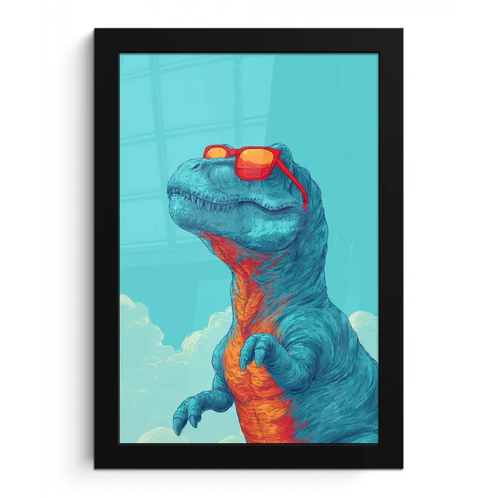 T-Rex - Blauw - Wolken - Zonnebril fotolijst zwart zonder passe partout klein -3d