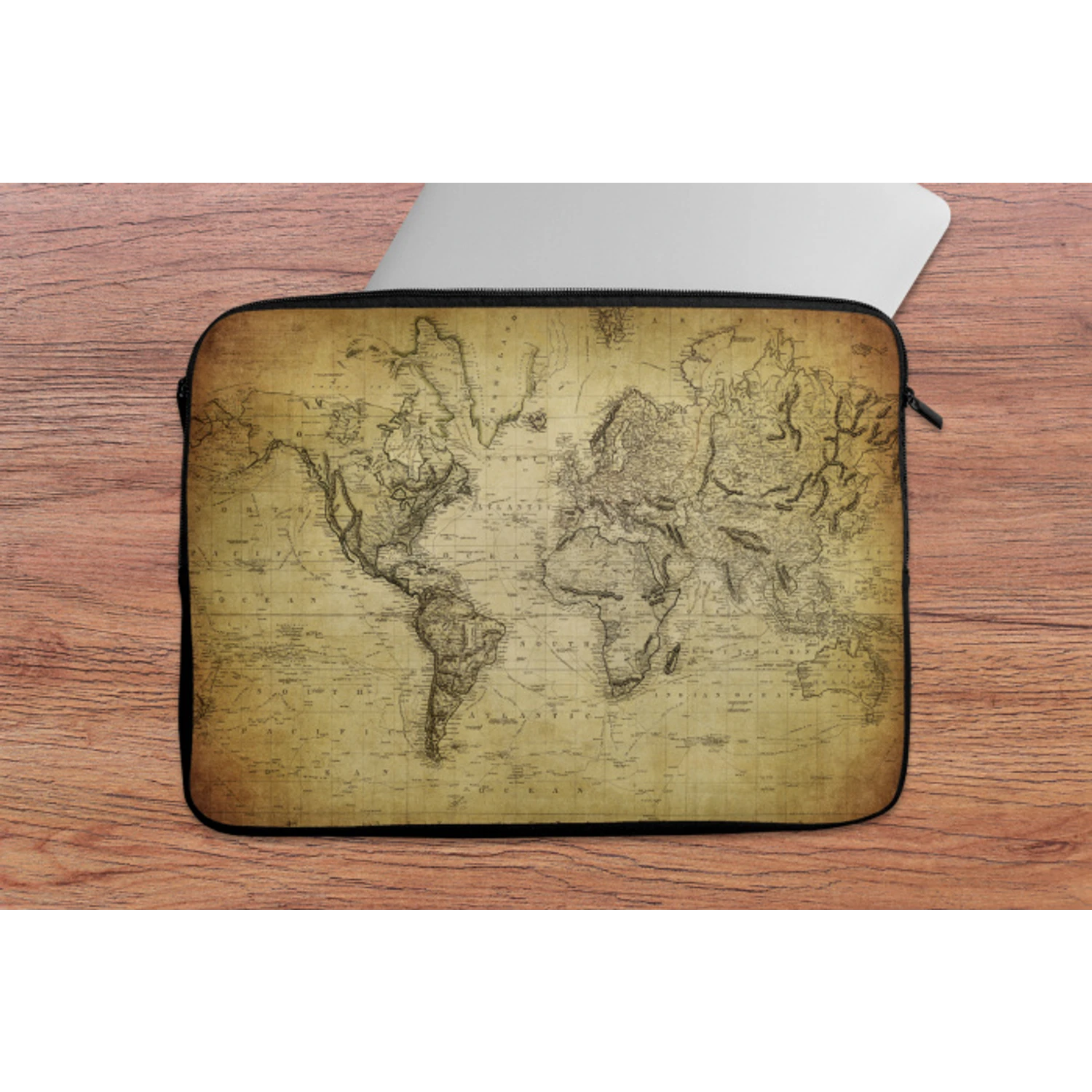 Wereldkaart - Vintage - Antiek - Bruin - Papier laptophoes neopreen klein -tafel