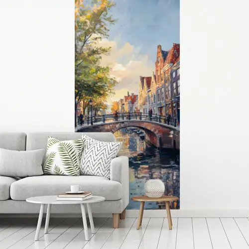 Brug - Stad - Huizen - Boot fotobehang vinyl groot -woonkamer