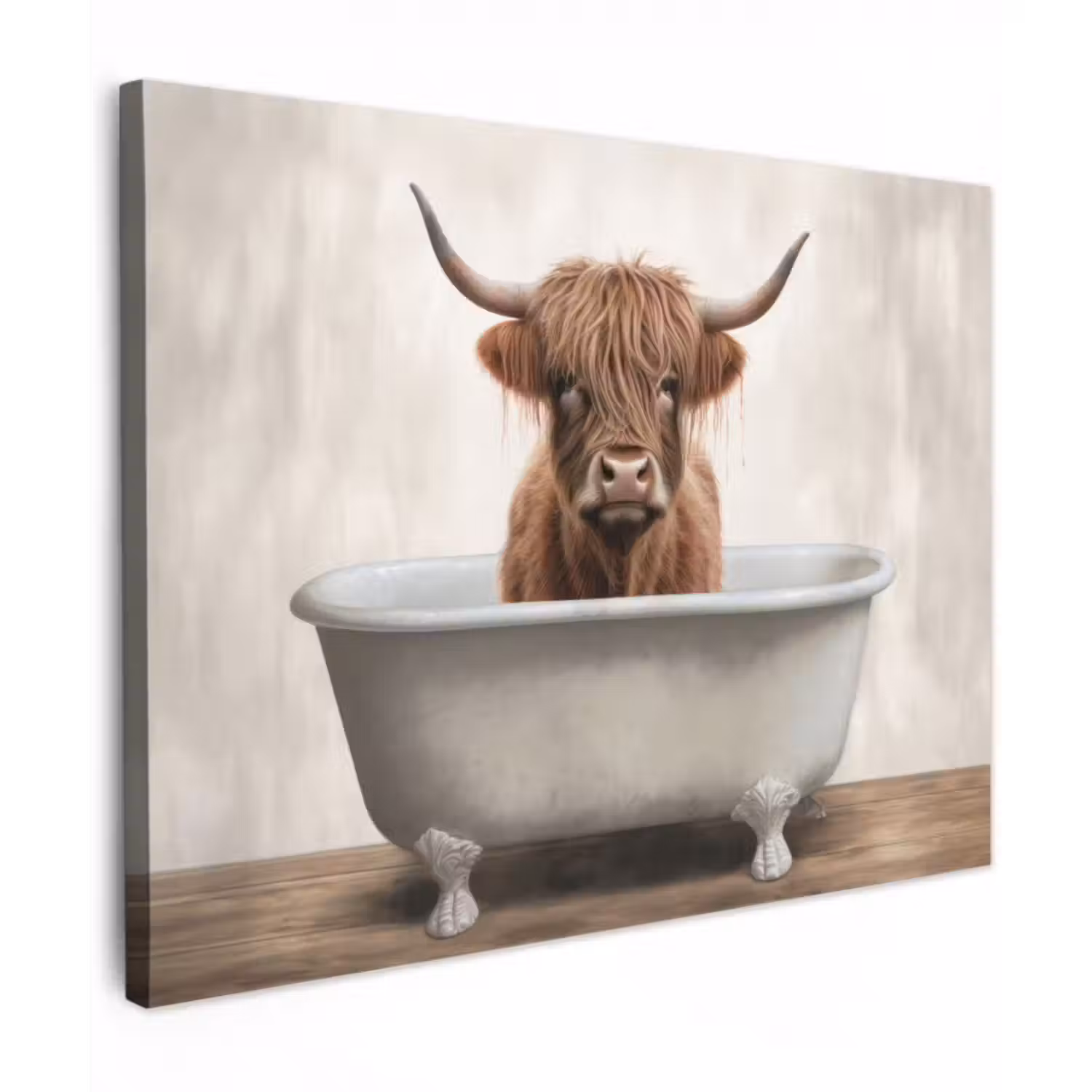 Leinwandbild - Scottish Highlander - Bad - Badezimmer - Badewanne - Braun - Hörner