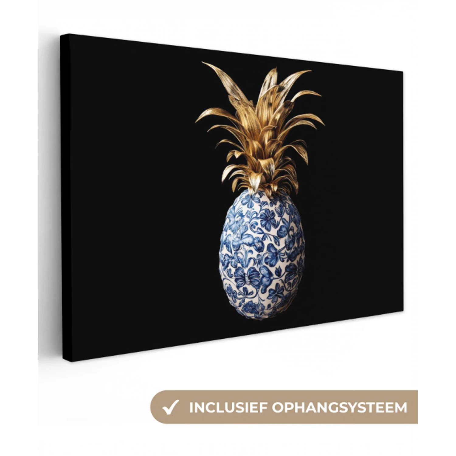 Ananas - Bloemen patroon - Goud - Delftsblauw canvas 2cm klein -3d