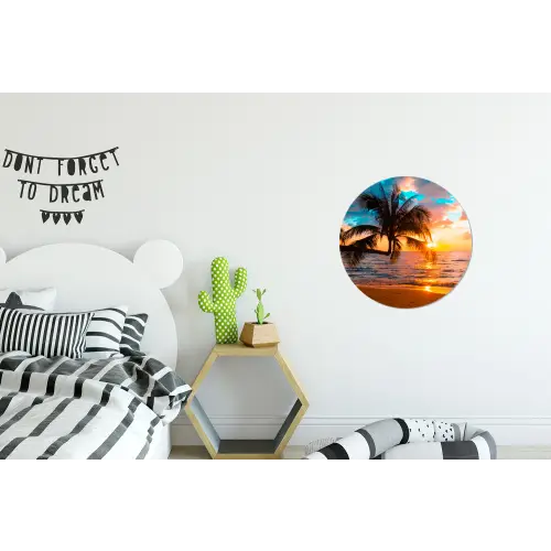 Palm - Zonsondergang - Horizon - Strand - Zee Wandcirkel aluminium klein -kinderkamer