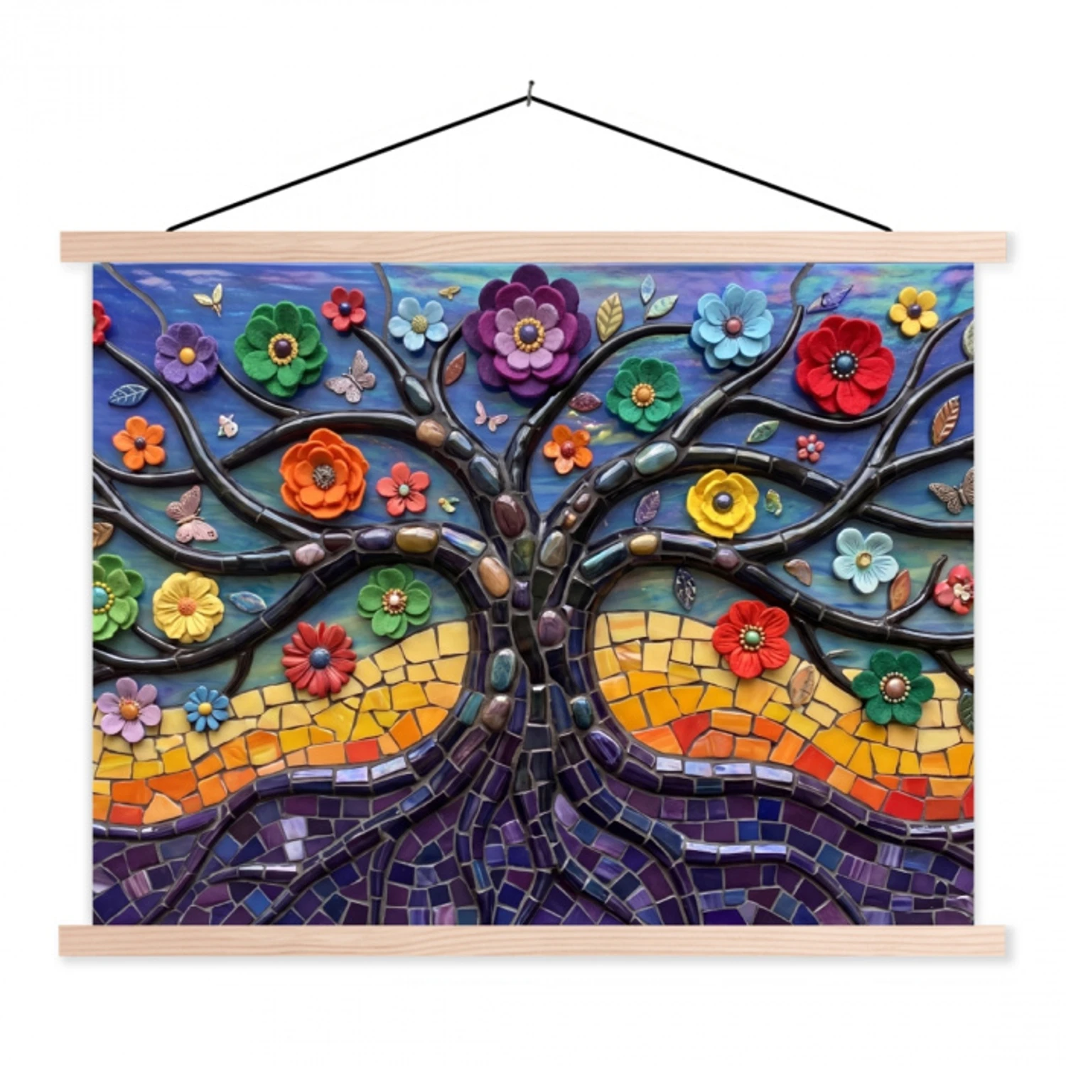 Levensboom - Mozaïek - Bloemen - Kleurrijk - Vrolijk textielposter latten blank klein -3d