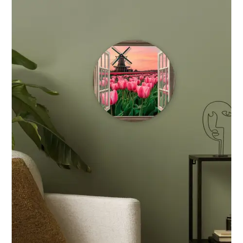 Doorkijk - Tulpen - Bloemen - Molen - Raam Wandcirkel plexiglas klein -sfeer3