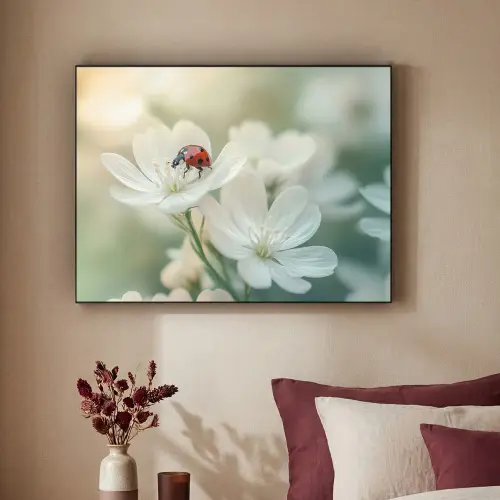 Lieveheersbeestje - Bloemen - Wit Textielframe zwart klein -sfeer1