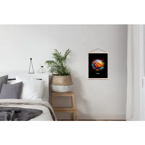 Oranje basketbal te midden van verfspetters textielposter latten blank klein -woonkamer
