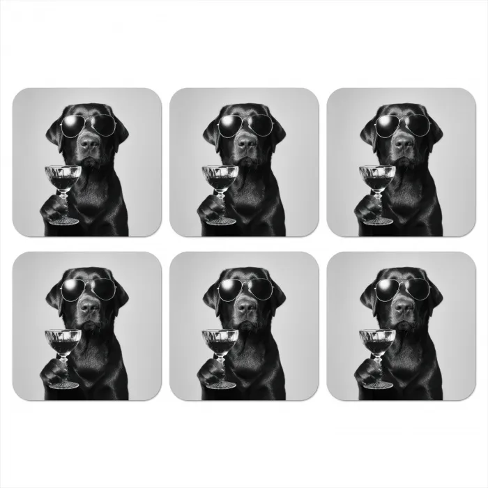Hond - Zwart - Wijnglas - Zonnebril onderzetter kurk middel -3d