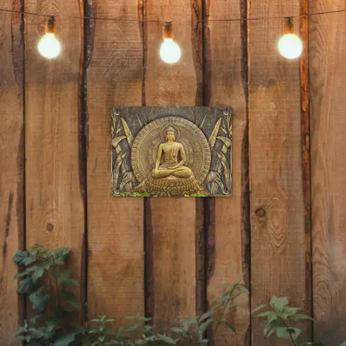 Gouden Boeddha-reliëf tuinposter los doek klein -sfeer1