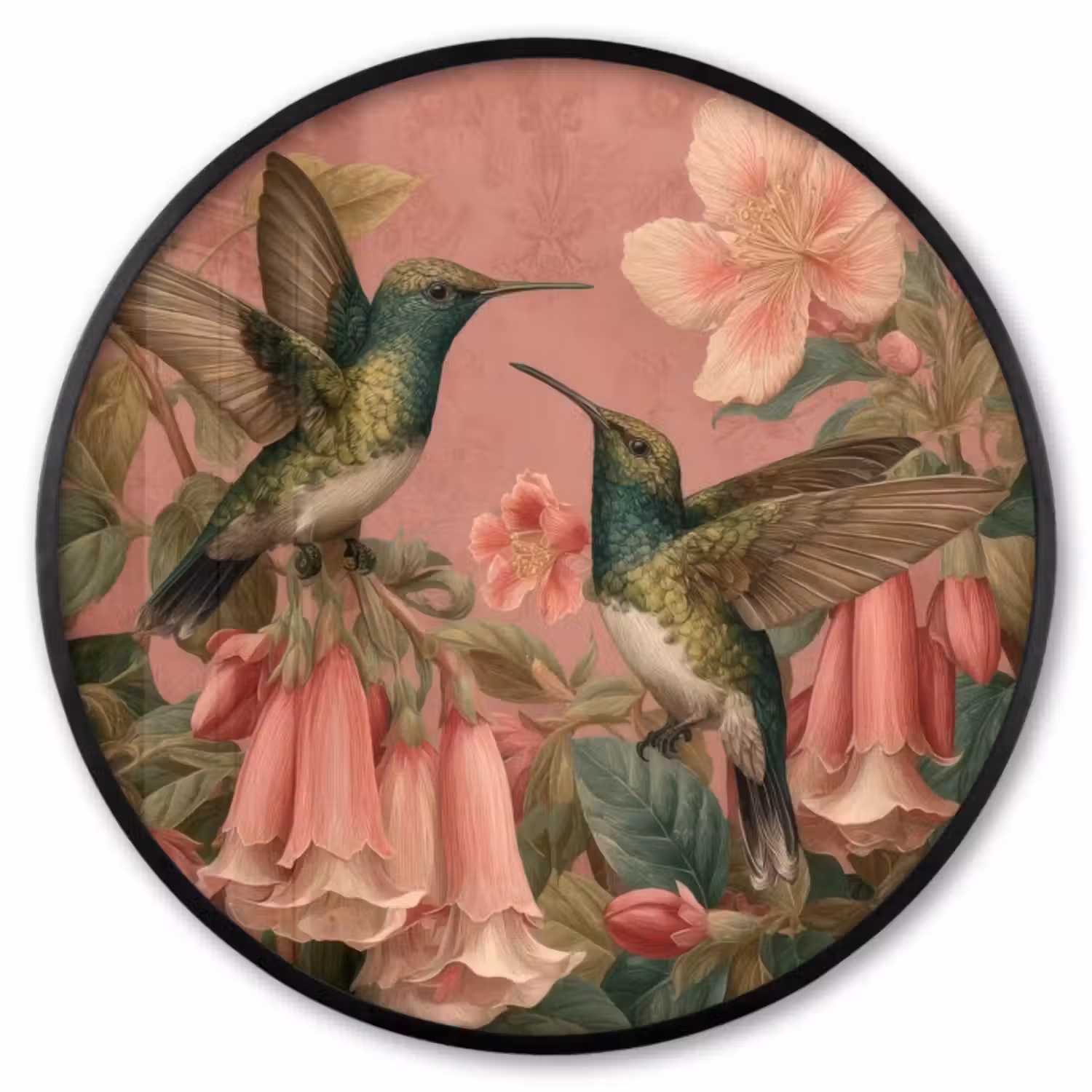Poster im rahmen rund - Kolibris - Blumen - Grün - Rosa