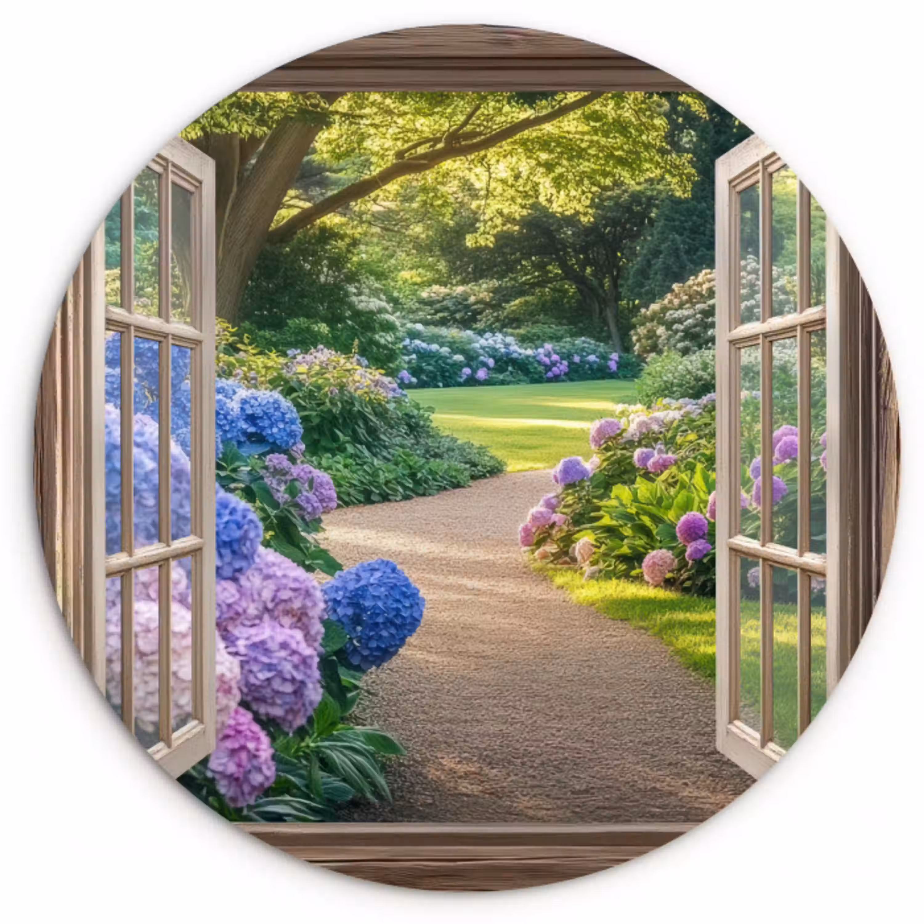 Doorkijk - Tuin - Raam - Hortensia - Bloemen Wandcirkel kunststof plaat 5mm dik klein -3d