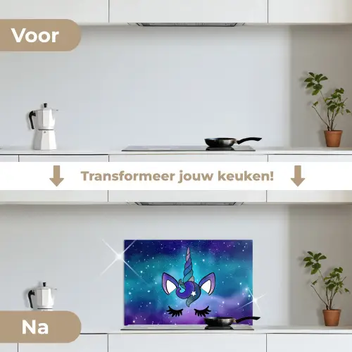 Eenhoorn - Sterrenhemel - Ster - Blauw keuken achterwand spatscherm klein -voor_na_NL