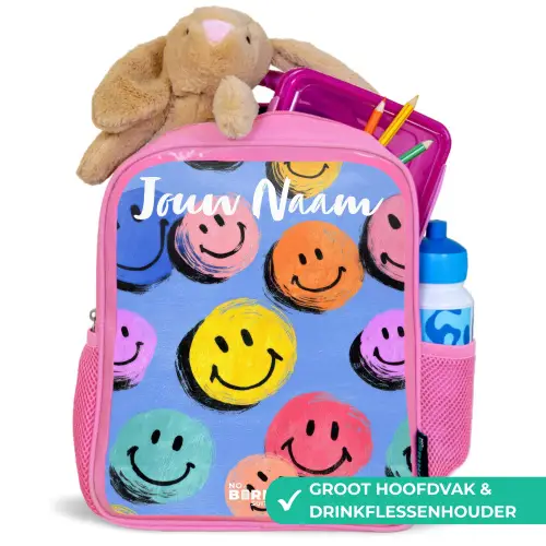 Een speels en kunstzinnig patroon van kleurrijke smileys Kinderrugzak - Roze middel -inhoud_NL