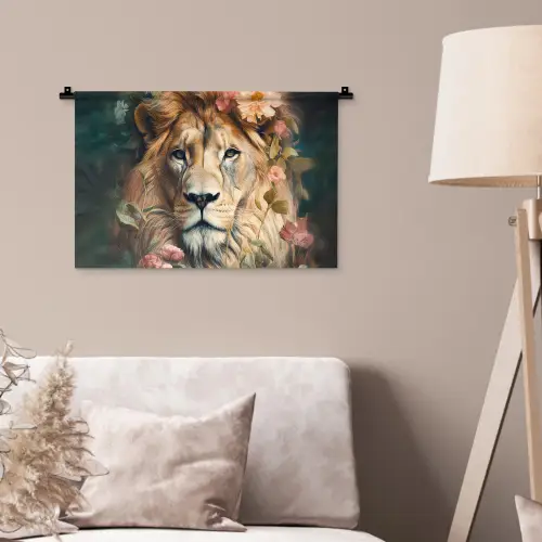 Leeuw - Leeuwenkop - Wilde dieren - Bloemen Wandkleed katoen klein -sfeer4