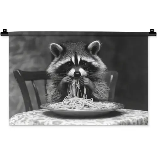 Wasbeer - Cute - Pasta - Tafelkleed - Zwart - Wit Wandkleed katoen klein -zz3d