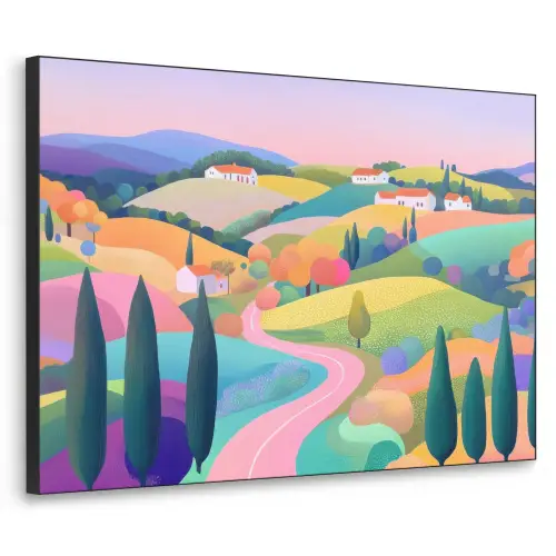 Landschap - Paars - Pastel - Huizen Textielframe zwart klein -3d
