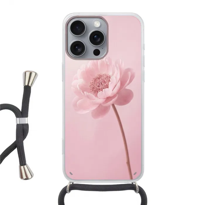 Bloem - Pioenroos - Roze Hoesje iPhone 16 Pro Max met koord klein -3d