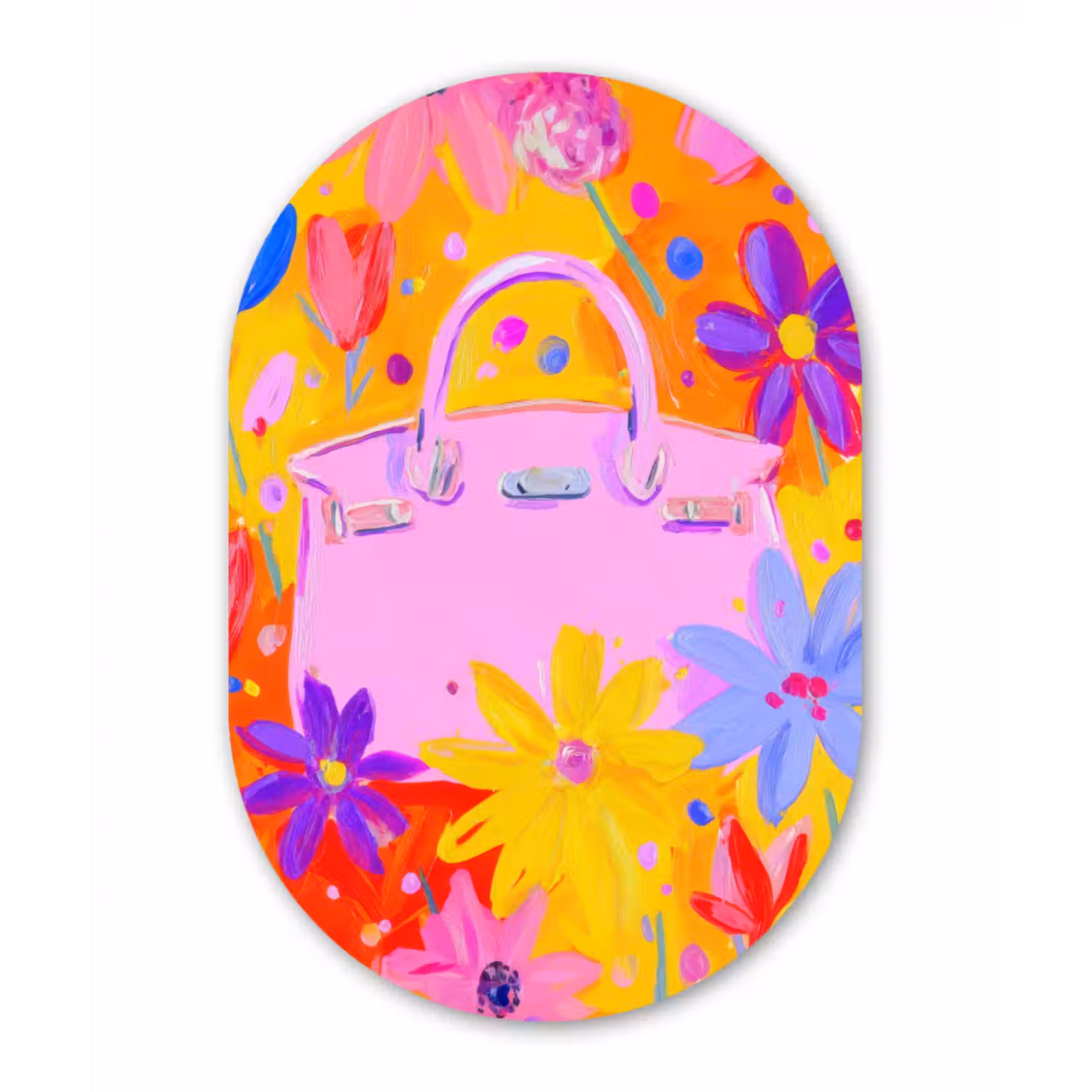 Glasbild Oval - Tasche - Rosa - Blumen