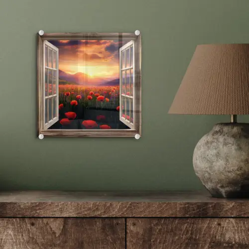 Doorkijk - Klaprozen - Bloemen - Rood - Open raam plexiglas 5mm klein -sfeer3