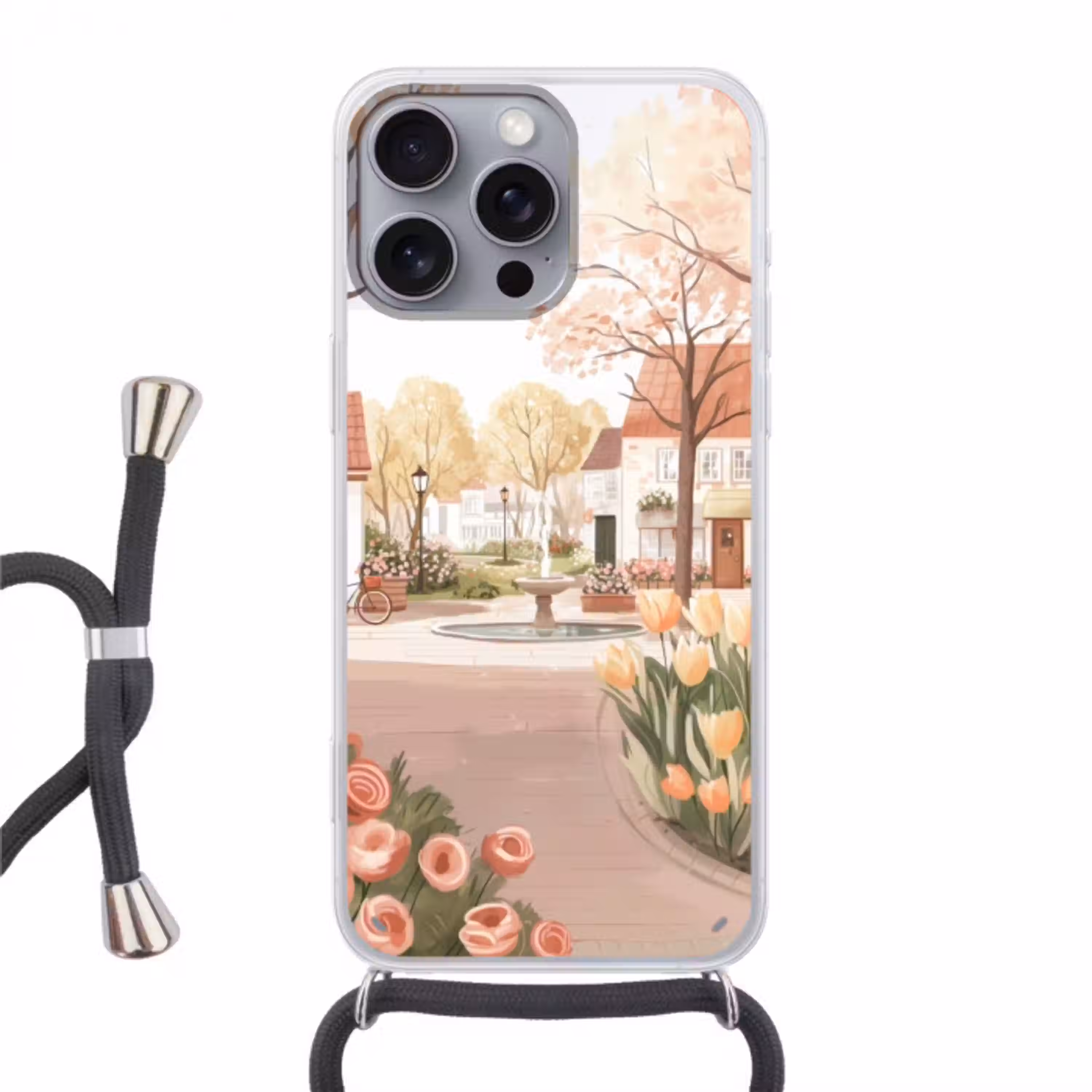 Dorpsplein - Fontein - Tulpen Hoesje iPhone 16 Pro Max met koord klein -3d