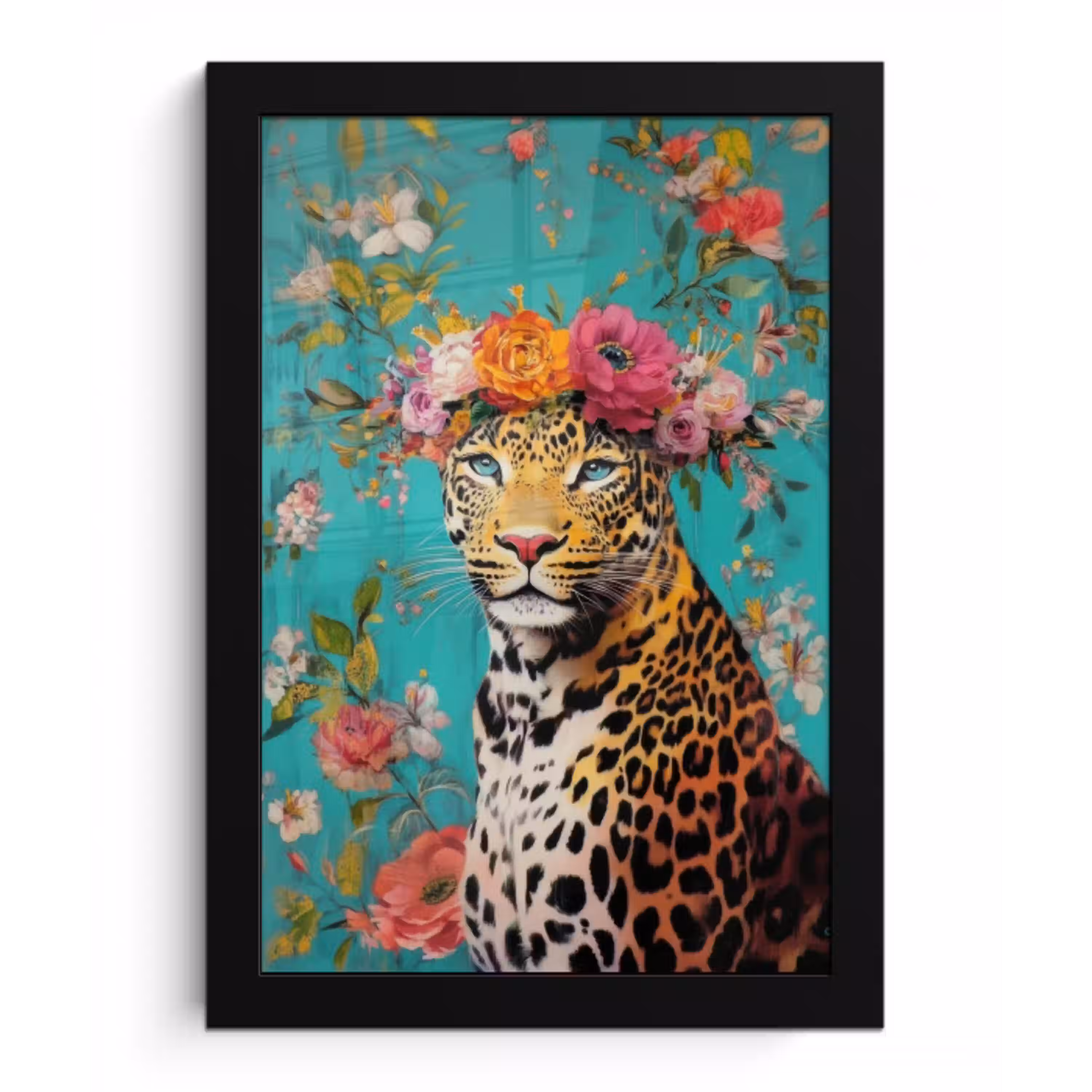 Luipaard - Bloemen - Kroon fotolijst zwart zonder passe partout klein -3d